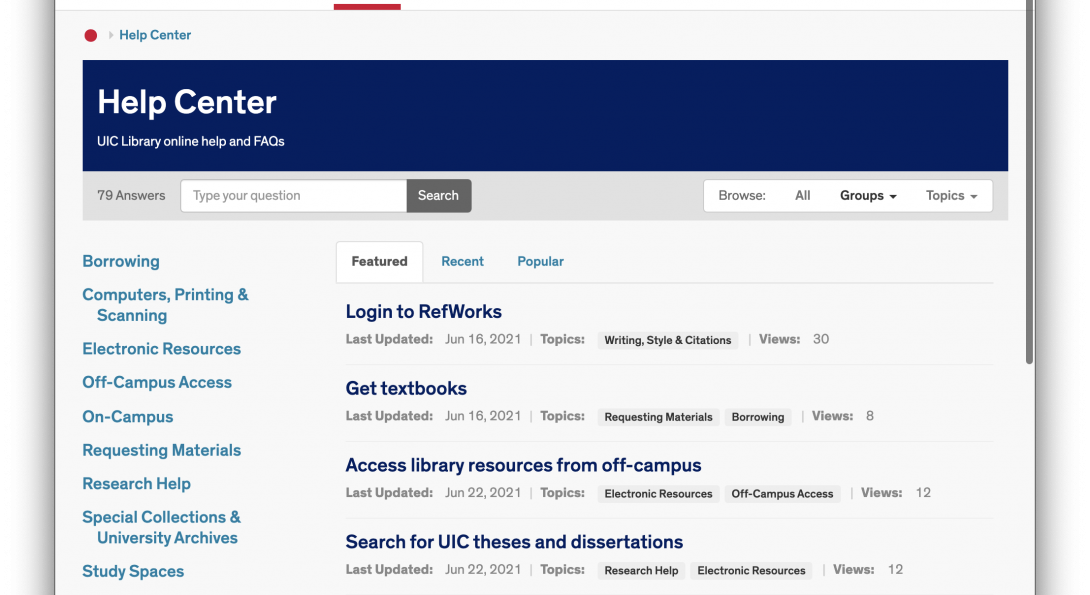 Screenshot of the Library's new website Help Center