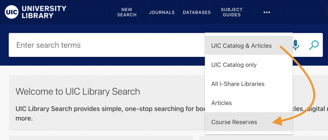 As indicated in this screenshot, users can select Course Reserves via a dropdown menu.