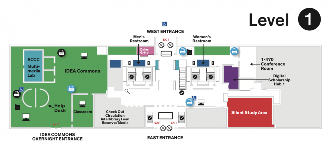 Map of the Daley Library first floor.  Download PDF for the full map, above.